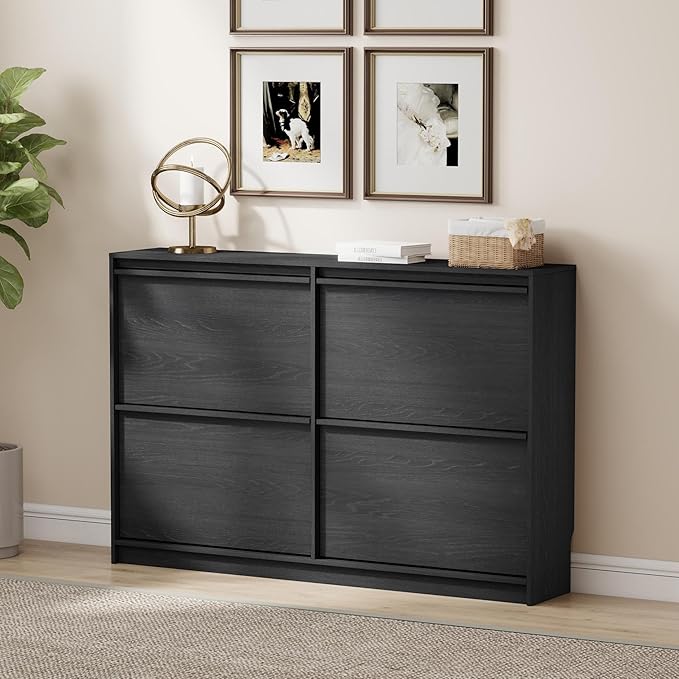 Shoe Storage Cabinet for Entryway with 4 Flip Drawers, Wooden Shoe Organizer Cabinet with Adjustable Shelf, Slim Freestanding Shoe Rack for Entryway, Hallway, Living Room, Black