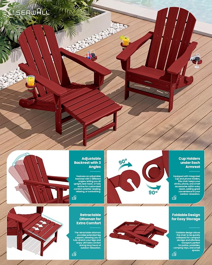 SERWALL Folding Adjustable Adirondack Chairs with Footrest Set of 4, HDPE Outdoor Chair with Dual Cup Holders, All Weather Adirondack Chair with Ottoman, Red