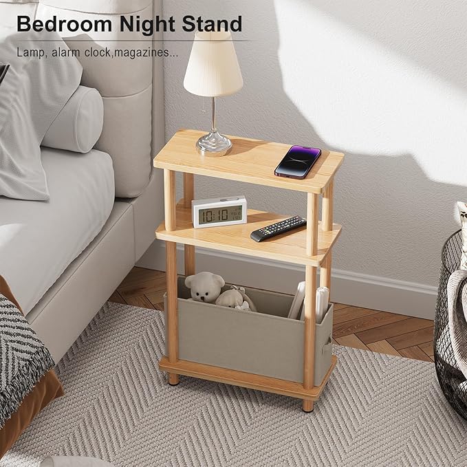 Apicizon Small Narrow Side Table, 3-Tier Skinny End Table for Small Spaces, Slim Nightstand with Fabric Basket, Bedside Table for Living Room, Bedroom, Natural