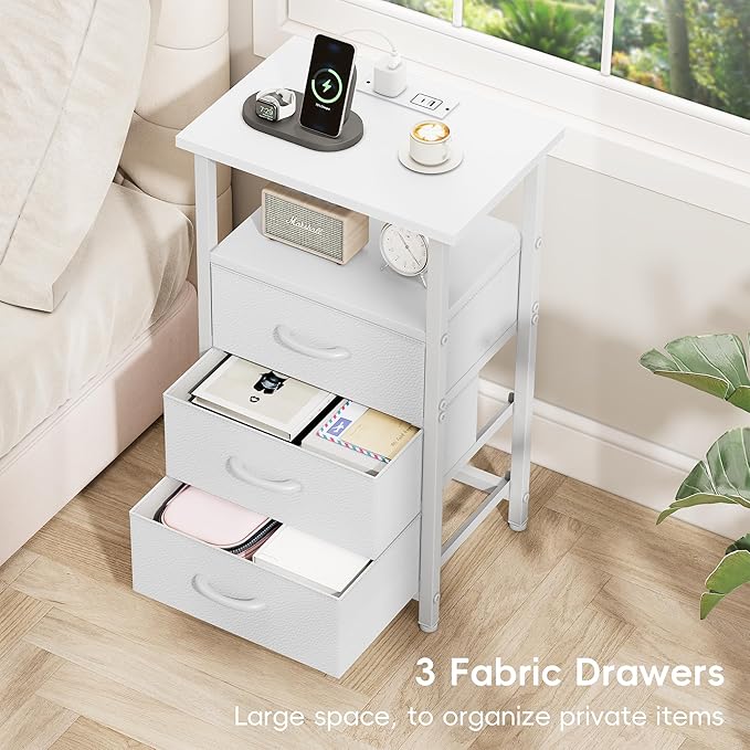 Vagusicc Nightstand with Charging Station, White Bedside Table with USB Ports and Outlet, End Table Side Table with 3 Fabric Drawers and Storage Shelf, Bed Side Table Night Stand for Bedroom, White