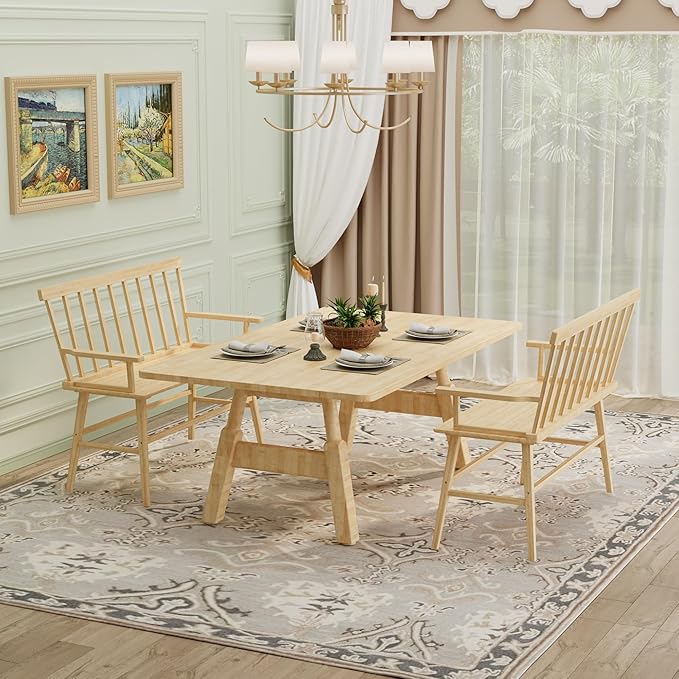 APRTAT Bamboo Entryway Bench, Farmhouse Dining Bench with Spindle Back & Armrest 3 Person Indoor Bench Chair Wood Windsor Bench Durable Easy Assembly for Foyer Balcony Hallway Living Room (Natural)