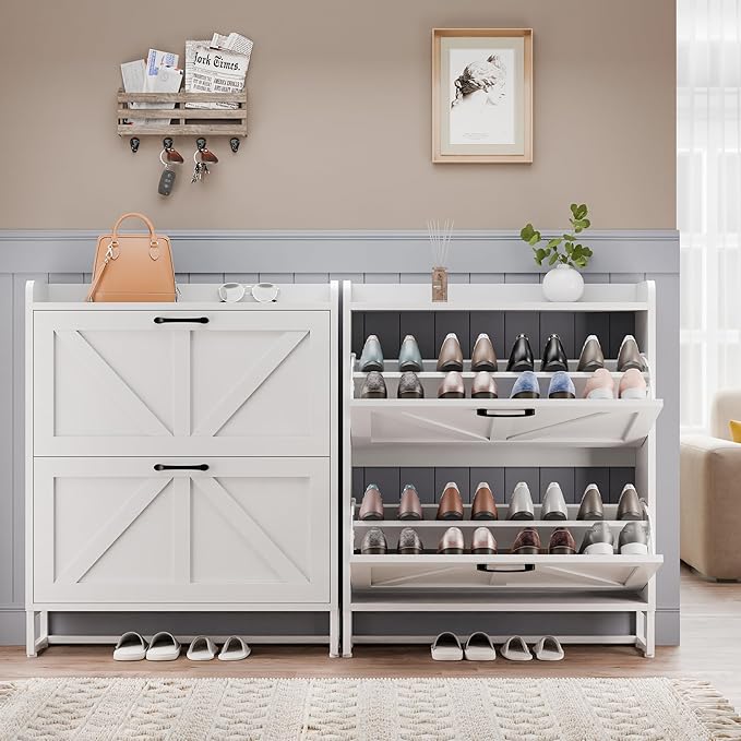 MU Shoe Storage Cabinet for Entryway, Hidden Shoe Cabinet with 2 Flip Drawers, Narrow Shoe Organizer Shoe Rack Cabinet with Metal Legs, White