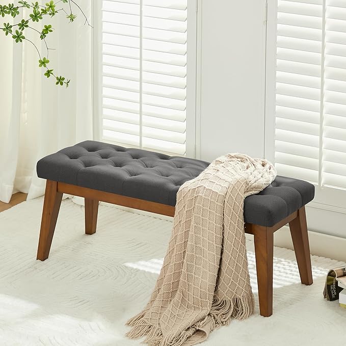 WUTUTUEE 43.5'' Linen Bedroom Bench, Upholstered End of Bed Bench with Tufted Button, Padded Vintage Dining Bench, Entryway Bench with Solid Wood Legs, Kitchen, Living Room, Hallway, Dark Grey Tufted