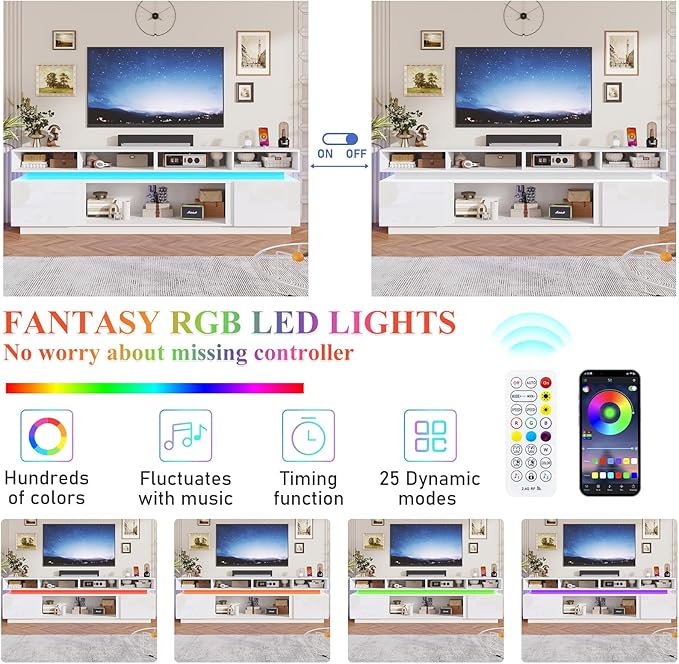 chartustriable LED TV Stand for 100 Inch TV, Modern Tall Entertainment Center with Power Outlets, High Gloss TV Stand, Gaming TV Media Console for Living Room, 93 Inch, White
