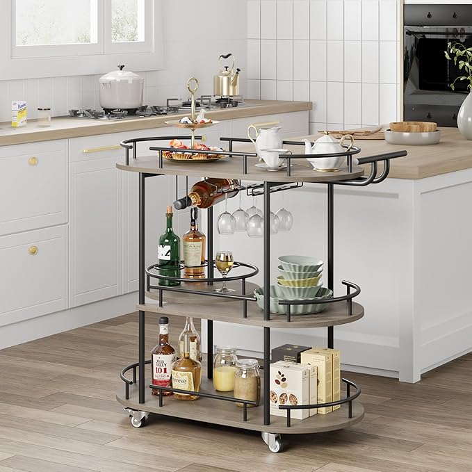 GarveeHome 3-Tier Bar Cart on Wheels, Mobile Serving Cart with Wine Rack and Glass Holder, Metal Kitchen Utility Cart for Coffee Station, Mini Home Bar, Dining Room - Black+Grey