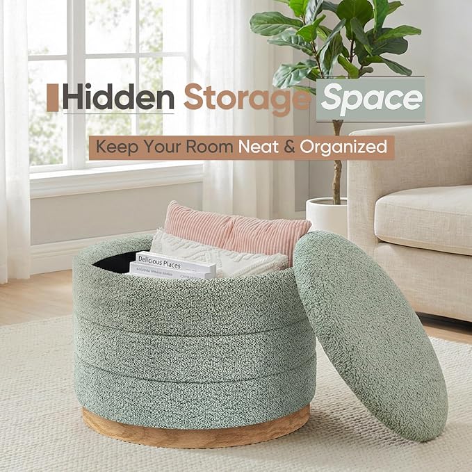 Round Storage Ottoman with Tray Lid, Folding Chenille Fabric Footrest with Hidden Storage, 22.8" Large Footstool Side Table for Dorm Living Room Bedroom, Wood Grain Base, Sage Green