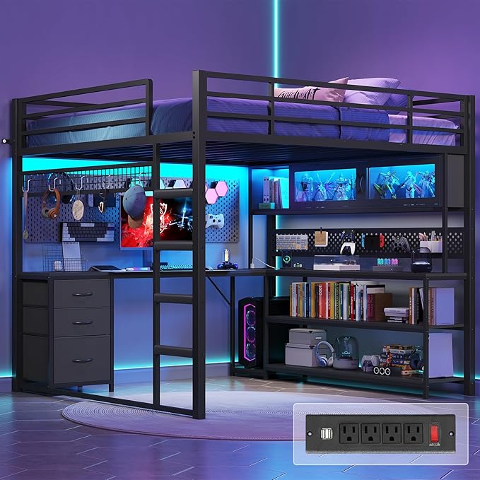 ADORNEVE Gaming Loft Bed Full Size with L-Shaped Desk, Arcylic RGB Hutch & Safety Power Outlet, Metal Loft Bed Frame with Storage Drawer, Shelves, Safety Guardrail, Space Saving for Teens, Black