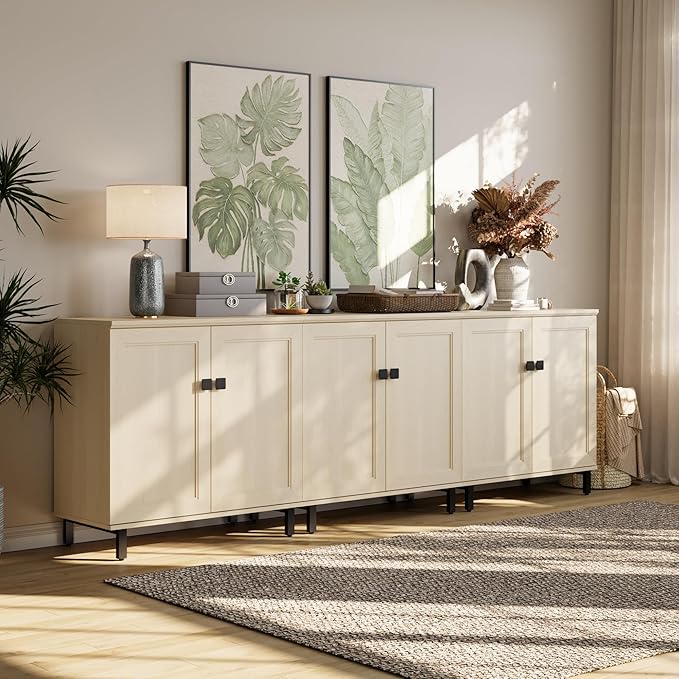 FENSULN Buffet Sideboard Cabinet Farmhouse Modern 3 in1 Storage Cabinet with Adjustable Shelves for Kitchen, Coffee Bar, Living Room, Beige