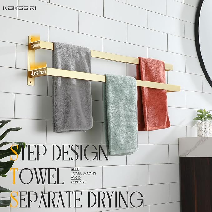 KOKOSIRI Bath Towel Bars Bathroom 2-Tiers Ladder Brushed Gold Towel Rails 32-Inch Towel Holders Wall Mounted Towels Shelves Rack Stainless Steel, B5008BG-L32