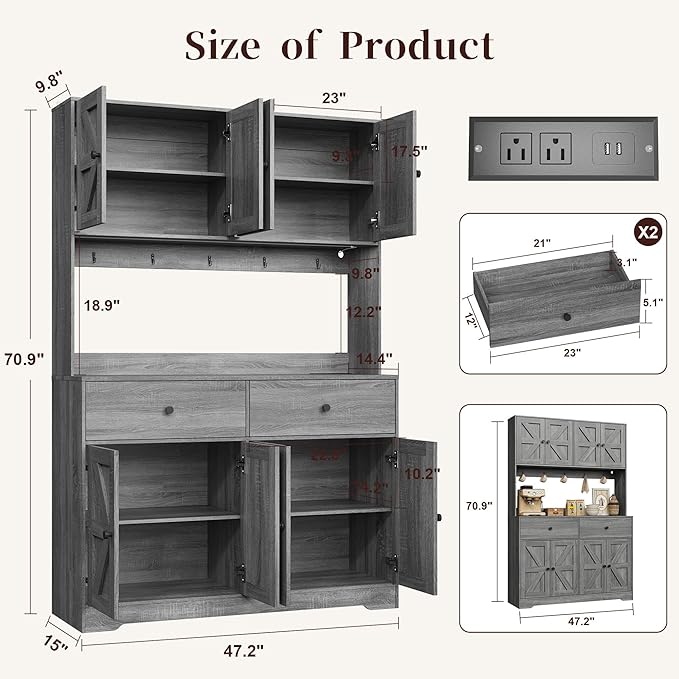 71" Kitchen Pantry Cabinet with Charging Station, Pantry Storage Cabinet Farmhouse Kitchen Hutch with Microwave Stand, Coffee Bar Station with Doors and Adjustable Shelves for Kitchen, Grey