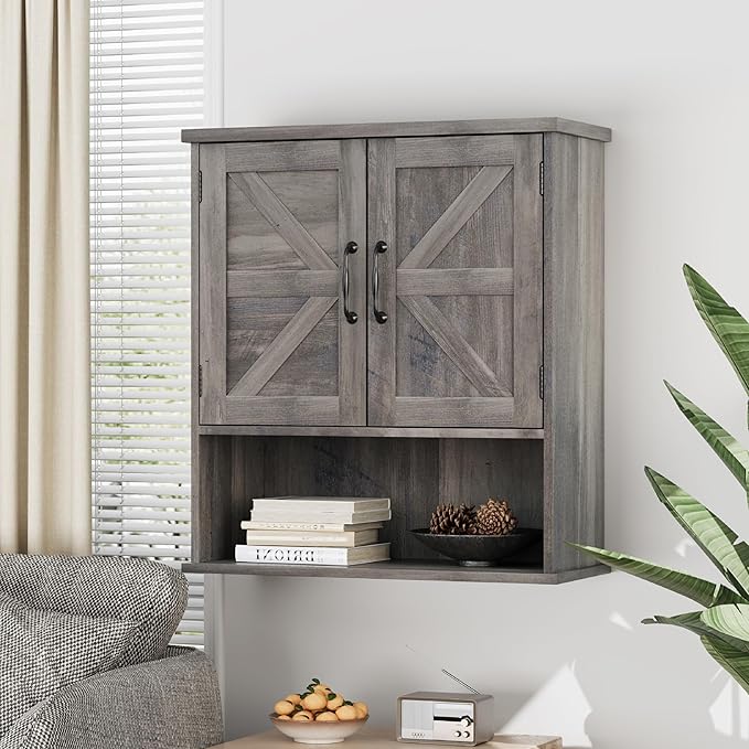 Smuxee Farmhouse Bathroom Cabinet Wall Mounted, Washed Grey Small Medicine Cabinet with Adjustable Shelf, Bathroom Cabinet for Living Room, Laundry Room