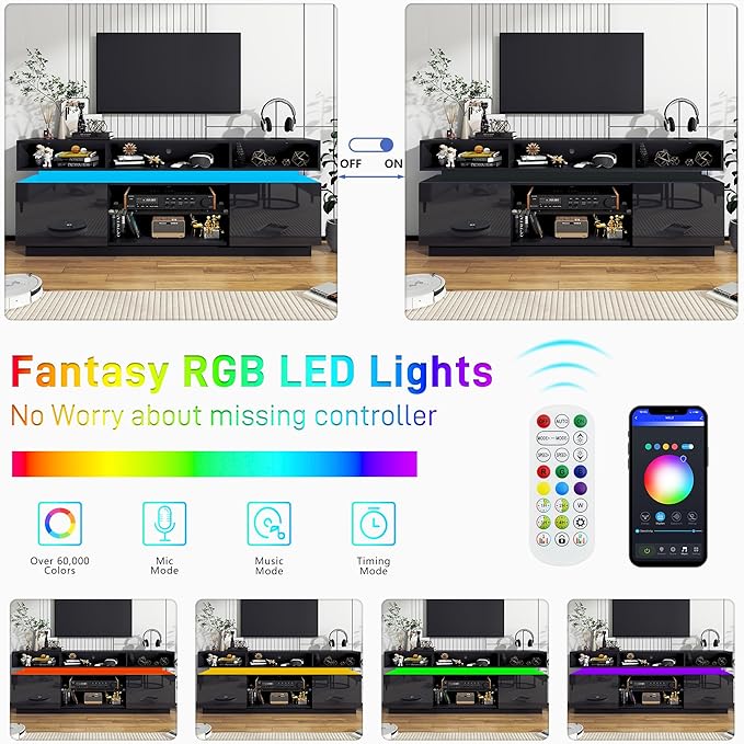 chartustriable LED TV Stand for 80 Inch TV, Modern Tall Entertainment Center with Power Outlets, High Gloss TV Stand, Gaming TV Media Console with Glass Shelf for Living Room, 71 Inch, Black