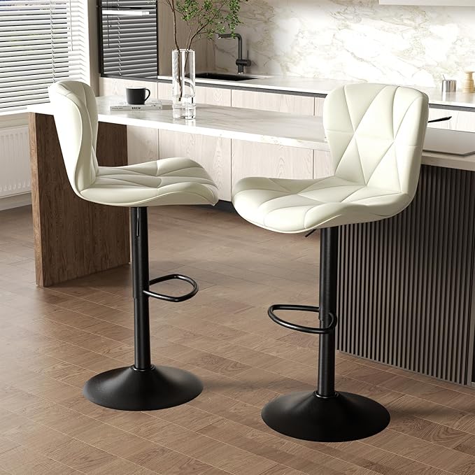 Nalupatio Modern Bar Stools Set of 2, Adjustable Faux Leather Upholstered Swivel Bar Stools, Counter Bar Chairs with Back for Kitchen Island, Cream White