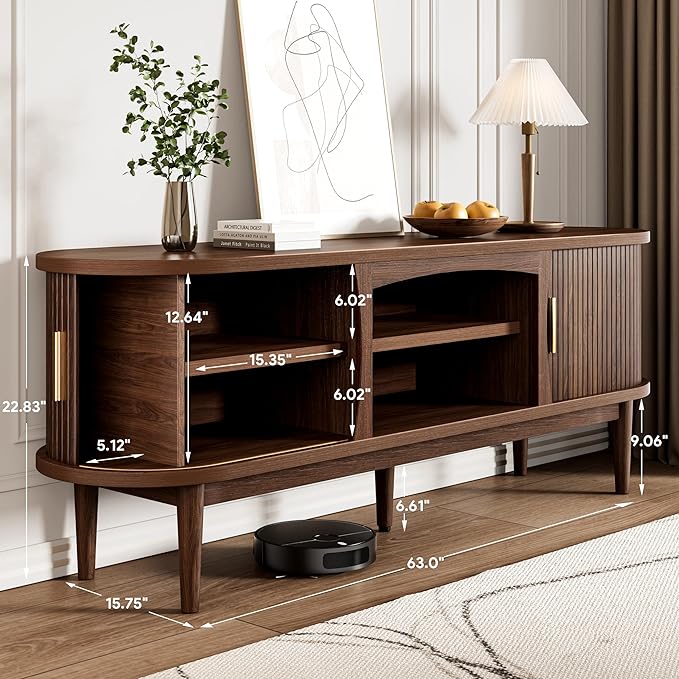 Decofy Mid Century TV Stand for TVs up to 70 Inches, Entertainment Center with Storage, Power Outlet, Fluted Sliding Doors & Adjustable Shelves, Modern Media TV Console Table for Living Room (Walnut)