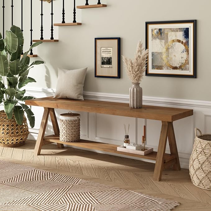 RowyPoey 54" Solid Wood Bench, Long Farmhouse Entryway Bench with Storage Shelf, Triangular Leg Design, Narrow Rustic Benches for Hallway, Bedroom, Dining, Kitchen, Easy Assembly