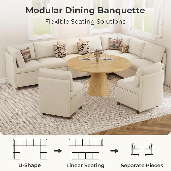 SITJOY Breakfast Nook Bench with Storage, Modular Corner Kitchen Banquette Seating, Dining Settee Couch, Upholstered Dining Bench with Back, Soft-to-Touch Fabric in Beige, 9-Seat U Shaped Nook