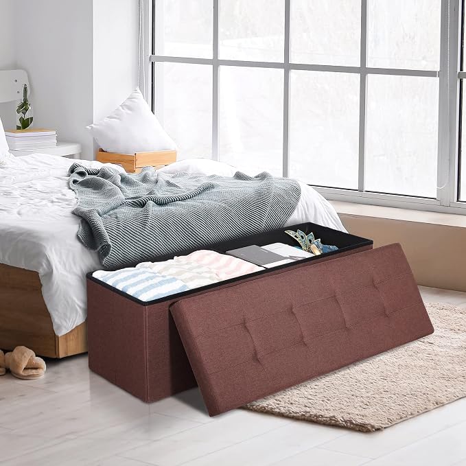 ZENY 43.3 inches Folding Storage Ottoman Bench Storage Chest Footrest with Foam Padded Seat, Great for Bedroom, Entryway and Living Room, Holds up to 660 lb, Brown