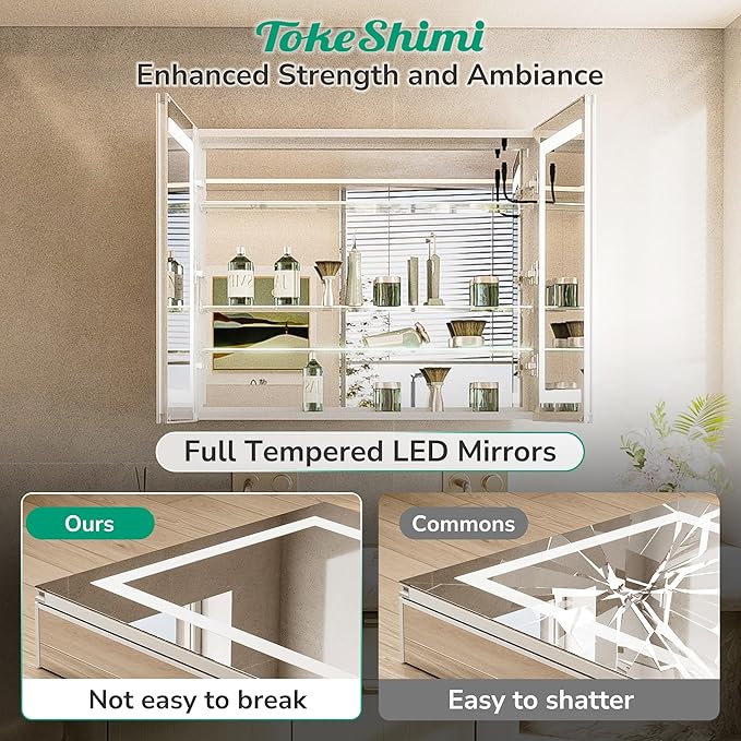 TokeShimi 36x24 Lighted Medicine Cabinet Mirror with Outlet, 3 Colors Dimmable Led Medicine Cabinet with Lights, Wall-Mount or Recessed, Anti-Fog Mirror with Storage for Bathroom and Vanity
