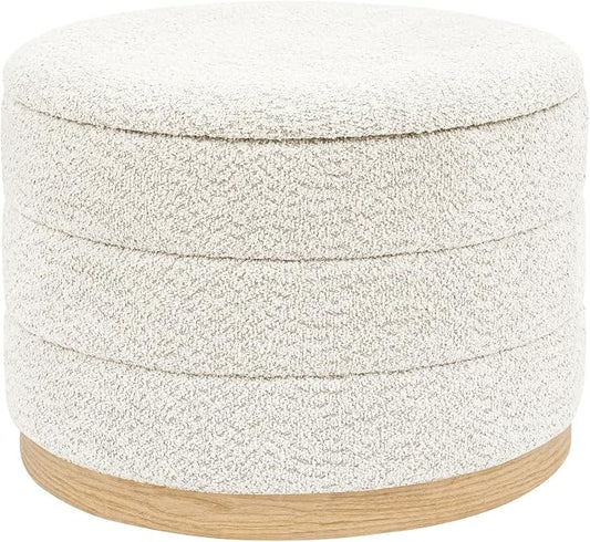 Round Storage Ottoman with Tray Lid, Folding Chenille Fabric Footrest with Hidden Storage, 22.8" Large Footstool Side Table for Dorm Living Room Bedroom, Wood Grain Base, Cream White