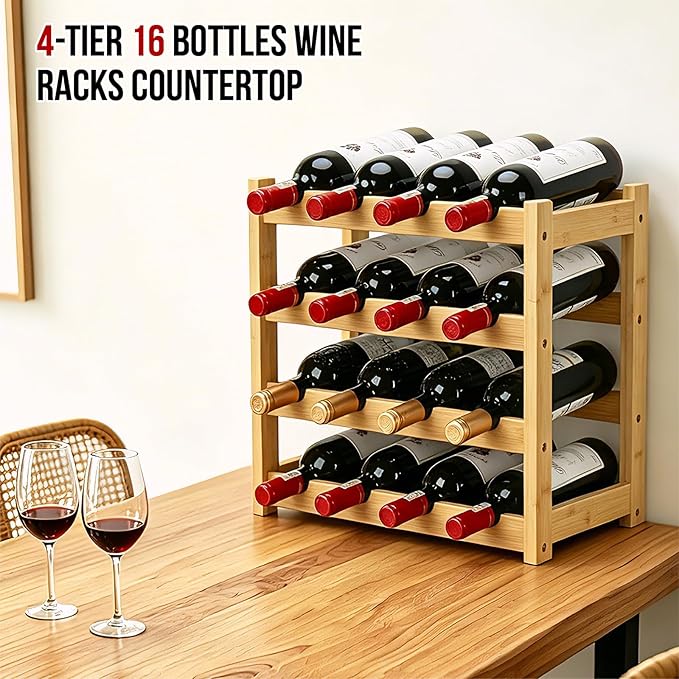 Bamboo Wine Rack, 4-Tier 16 Bottles Wine Storage Cabinet Shelf, Easy-Assembly Freestanding Bamboo Wine Racks Countertop for Kitchen Pantry Dining Room Bar, Natural