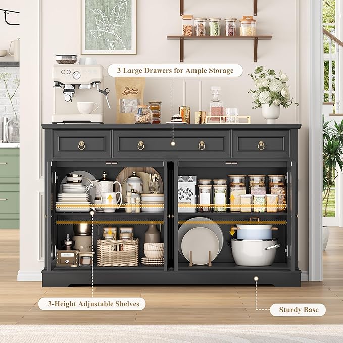 FINETONES Buffet Cabinet with Storage, 52.7" Large Sideboard Buffet Table, Black Kitchen Cabinet with 3 Drawers and 4 Doors, Wood Coffee Bar for Kitchen Dining Room, Black