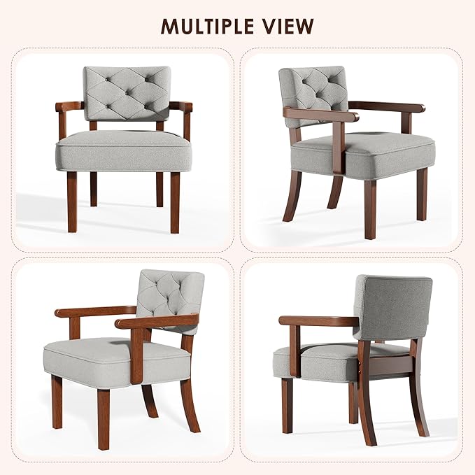 Versatile Side Arm Chair, Small Modern Accent Chair, Upholstered Wooden Armchair, Corner Chair with Arm Rest,Tufted Backrest, Cushion, for Office,Waiting/Reading/Living Room, Grey