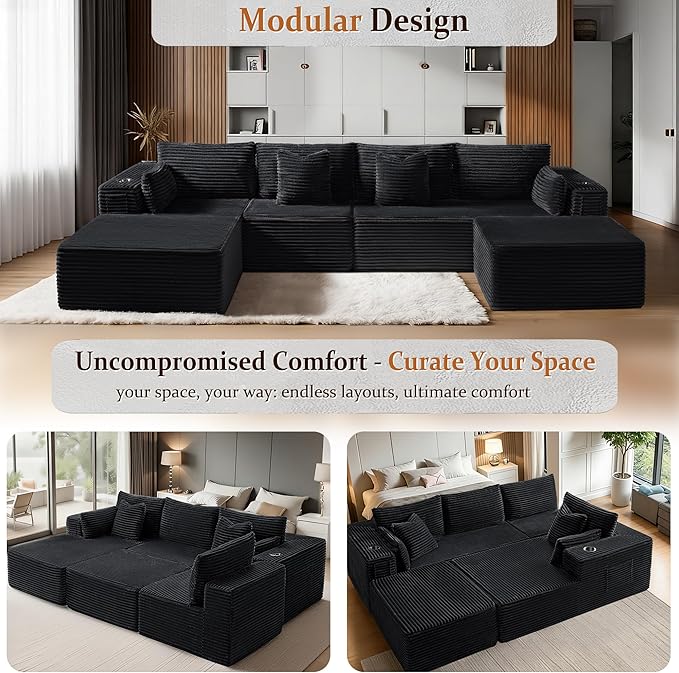 30" Cloud Sectional Couch Single Seat for Living Room, Extra Deep Seats No Assembly, Minimalist Modular Couch, Corduroy (Black, Single seat)