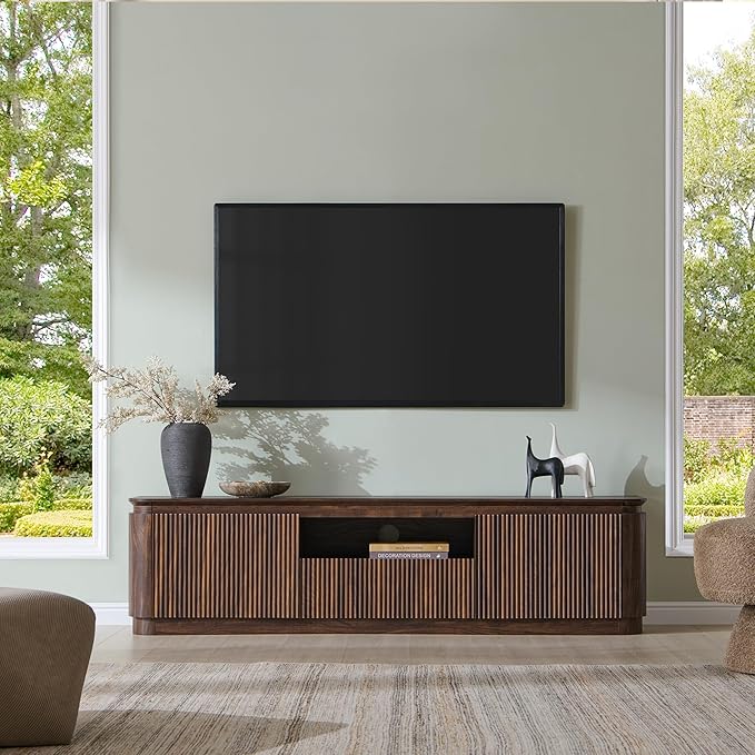 70" Fluted TV Stand for TVs Up to 80", Mid Century Modern Entertainment Center with Drawer, Storage Cabinet, Open Shelf, Wood Low Profile Media TV Console for Livingroom, Dark Walnut