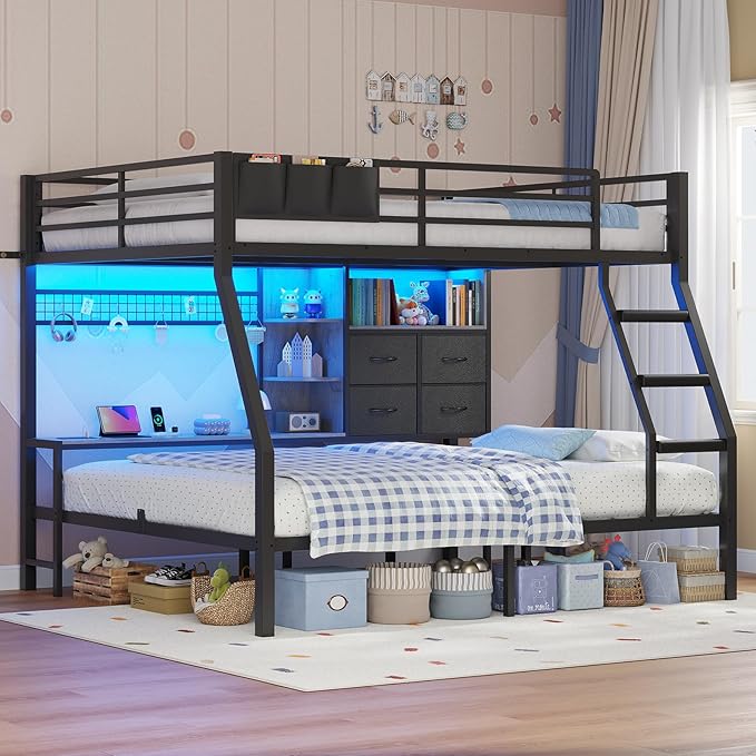 BTHFST Full Over Full Bunk Beds with 4 Storage Drawers & Shelves & Bedside Caddy, Bunk Bed with Charging Station & LED Lights, Full Size Bunk Bed with Safety Guardrail & Angled Ladder, Black & Grey