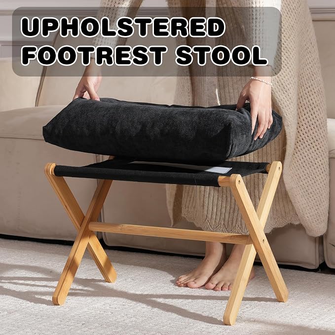 Baveke Ottoman Foot Rest- Bamboo Foldable Stool, Foot Stools Small Ottman with Upholstered & X Legs, Folding Stool for Makeup, Bedroom and Living Room, FSC-Certified (Black)