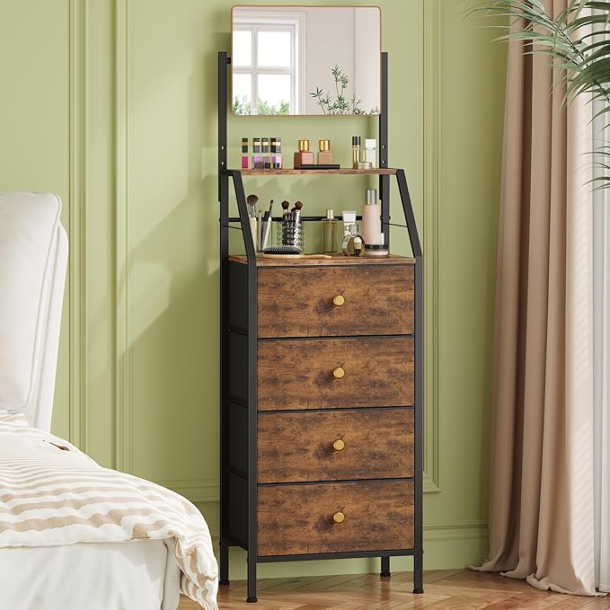 HIGDBFE 4-Drawer Dresser with Mirror, Vanity with 2-Tier Shelves, Fabric Chest of Drawers for Small Space, Vertical Storage Cabinet for Bedroom, Nightstand Bedside Table, Rustic Brown, 15.3" W