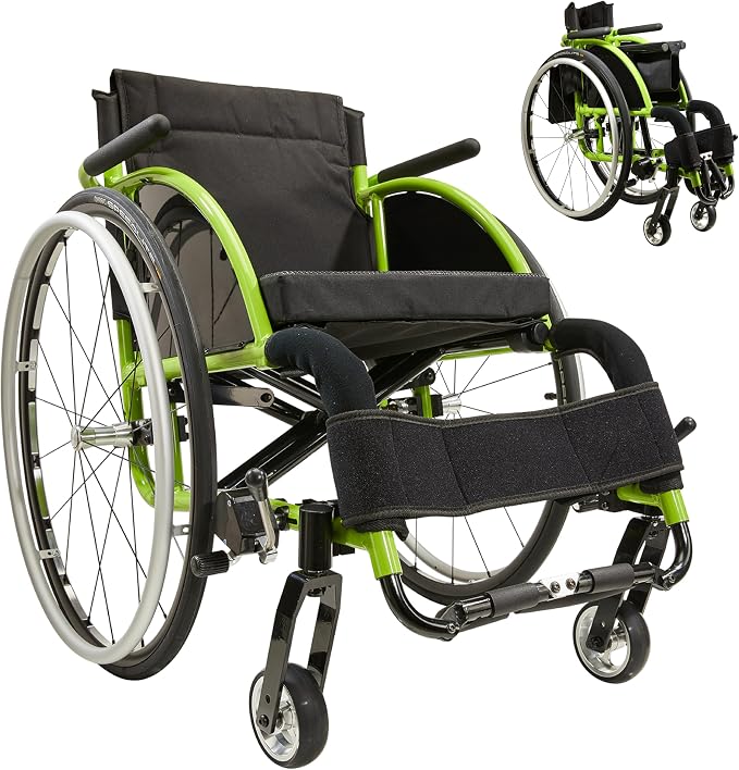 14" W x 14" D Seat Ultra-Light 24 lbs Aluminum Wheelchair for Adults, Foldable & Portable with 24" Quick-Release Wheels - 250 lbs Capacity Sport & Travel Chair(Green)