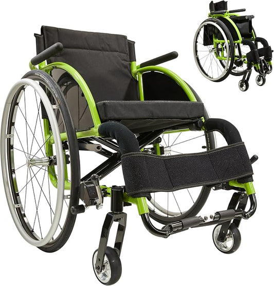 14" W x 14" D Seat Ultra-Light 24 lbs Aluminum Wheelchair for Adults, Foldable & Portable with 24" Quick-Release Wheels - 250 lbs Capacity Sport & Travel Chair(Green)