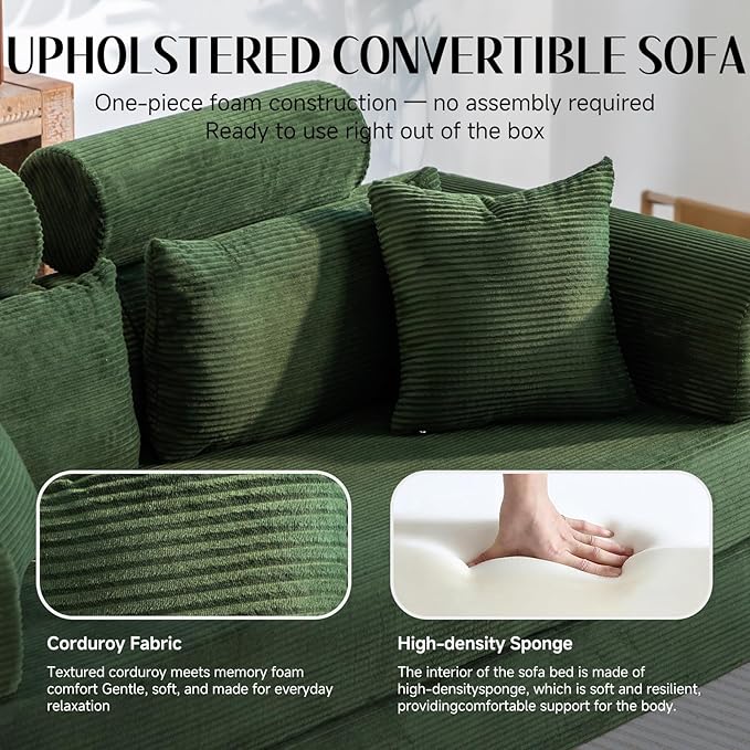 79" Convertible Boneless Couch for Small Spaces, 6-in-1 Corduroy Sofa Bed with High Backrest, Pillows, High-Density Foam Loveseat Sleeper Couch in a Box for Living Room, No Assembly, Olive Green