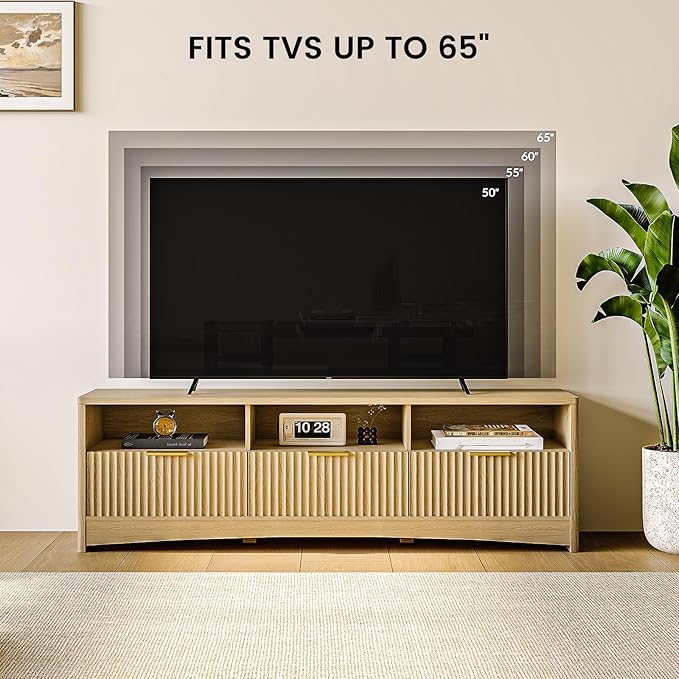 AMADA HOMEFURNISHING Fluted TV Stand for TVs Up to 65″, Mid-Century Modern Entertainment Center with Storage Drawers and Open Shelf, TV Console for Living Room or Bedroom, Natural Oak