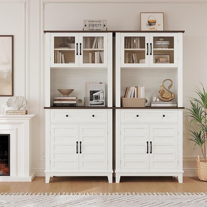 IDEALHOUSE Farmhouse Coffee Bar Cabinet with 2 Glass Doors, 72'' Black Bar Cabinet with 1 Drawer, Tall Wine Bar with Metal Handle, Coffee Bar Hutch with Storage for Living Room (Light White)