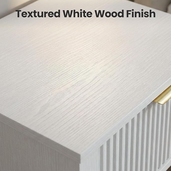 Modern Fluted Small Wood Nightstands Set of 2, 11.8" Deep x 15.4" Narrow Bedside Tables with Drawer & Open Shelf, Farmhouse Chic Side Tables for Bedroom - White