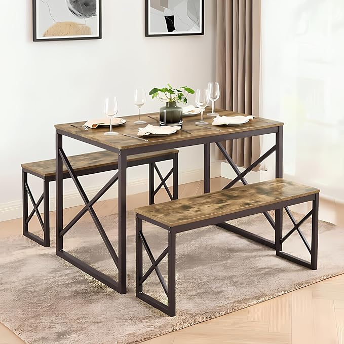 VECELO 43.3" Kitchen Dining Table Set for 4, Heavy-Duty Steel Frame & Wood-Grain Tabletop, Space-Saving Dinette Sets with 2 Benches for Breakfast Nook and Small Space, Brown