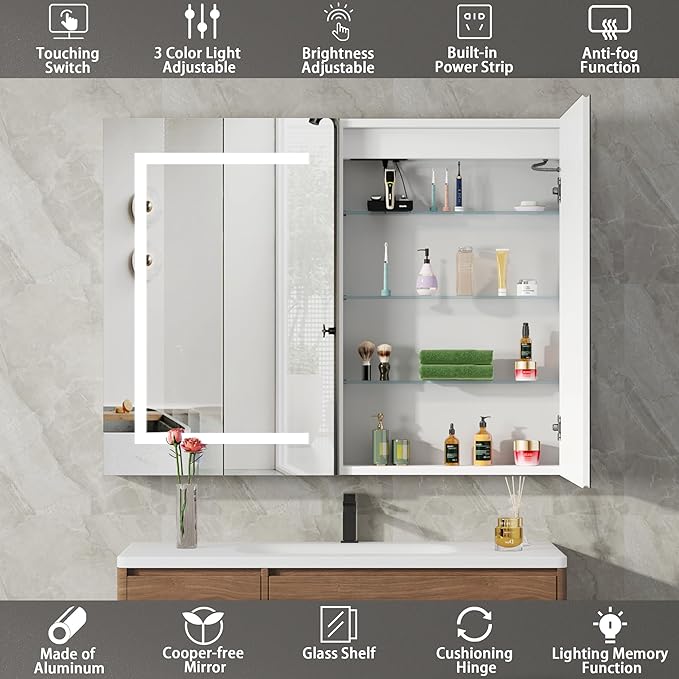 DEYGIA LED Medicine Cabinet with Mirror for Bathroom, Assembly-Free Lighted Medicine Cabinet, Defog, Stepless Dimming, 3 Colors, 2 Outlets, 2USB, Aluminum Wall Mounted Mirrored Cabinets, 36”Wx28“H