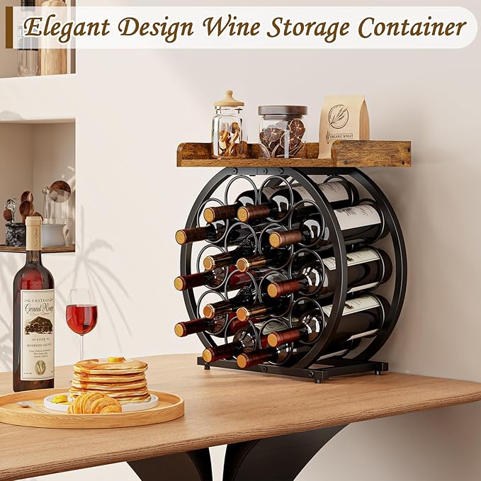 X-cosrack 14 Bottles Countertop Wine Rack with Wooden Tabletop, Round Metal Freestanding Wine Storage Holder, Wine Racks Countertop Wine Bottle Organizer Display Stand for Pantry Home Kitchen Bar