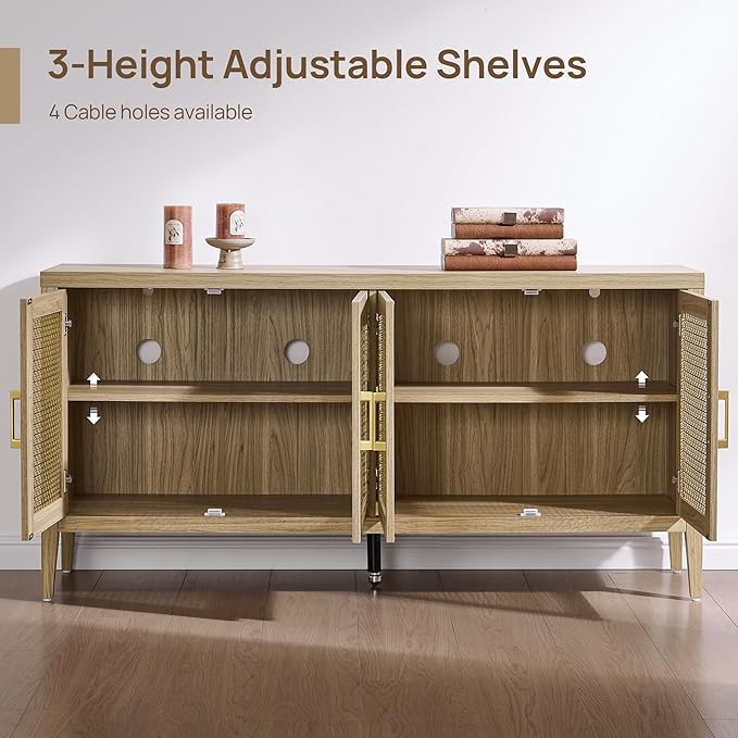 SICOTAS TV Stands for Living Room - Modern TV Console with 4 Doors Cabinet, 59" Television Stands Farmhouse Entertainment Center Media Console Credenza for 45 50 55 60 65 Inch TVs, Light Walnut