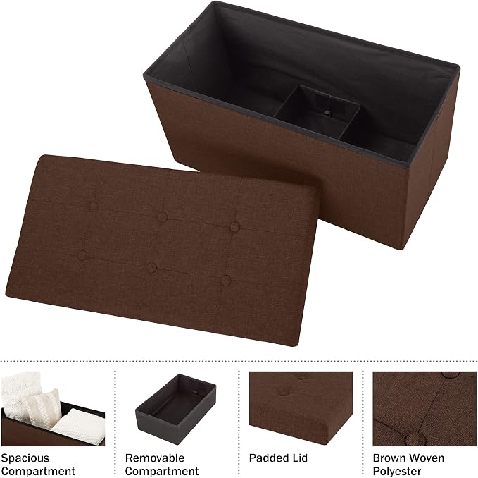 Lavish Home Folding Storage Ottoman - 30-Inch Tufted Footrest, Linen Chest, or Bench with Removable Bin for Living Room, Bedroom, or Dorm (Brown)