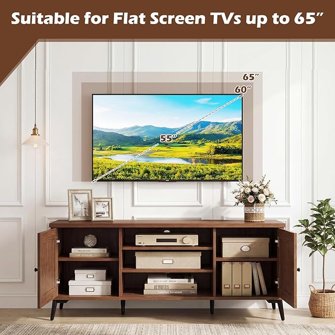 Giantex 2-Door TV Stand for TVs up to 65", Mid Century Modern Entertainment Center with 2 Storage Cabinets & 4 Adjustable Shelves, 6 Metal Legs, Media TV Console Table for Living Room (Walnut)