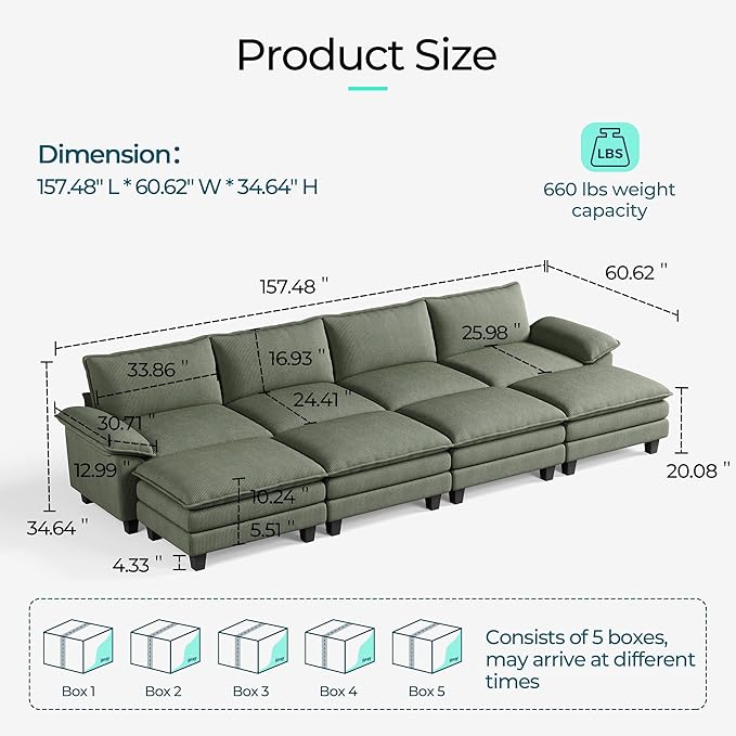 LINSY HOME 157" Modular Sectional Sofa, 4-Seat Corduroy Modern Cloud Couch with Deep Seat & 4 Movable Ottoman, Perfect for Living Room, Office, Bedroom, Green