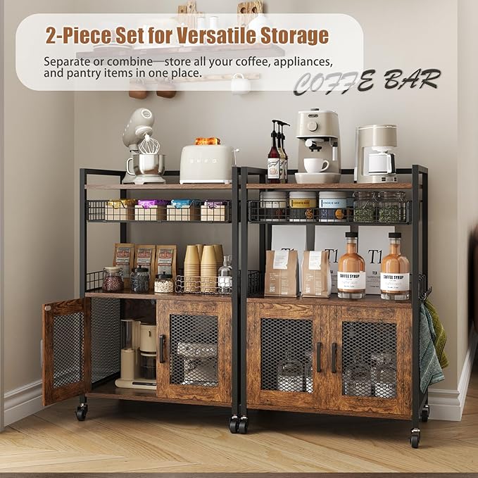 Hencawima Coffee Bar Cabinet, 3 Tier Coffee Station Table on Wheels, 35.9" H Bar Cart with Wire Basket Drawer & 5 Hooks for Home Kitchen, Liquor Buffet Sideboard Cabinet (Rustic Brown)