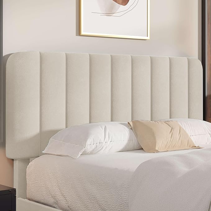 VECELO Queen Size Bed Frame with Upholstered Headboard, Velvet Platform Bedframe Mattress Foundation, Strong Wood Slat Support, No Box Spring Needed,Bone Beige