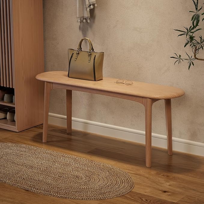 DONGMUWUEJEE 100% Solid Wood Dining Bench, Wood Bench for End of Bed with Rounded Corners, Entryway Benches for Farmhouse, Kitchen, Living Room and Plant Stand (Natural, 39.4" D x 11.8" W x 19.7" H)