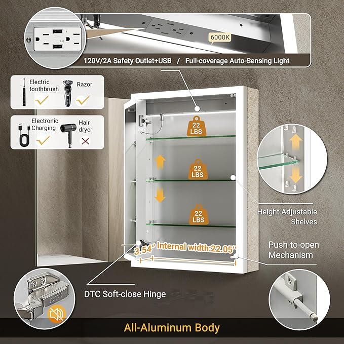 Lighted Medicine Cabinet with Mirror & Clock -24x30 Surface or Recessed Aluminum Medicine Cabinet with Dimmable Light & Outlet, Anti-Fog, Built-in Sensing Light, Assembly-Free