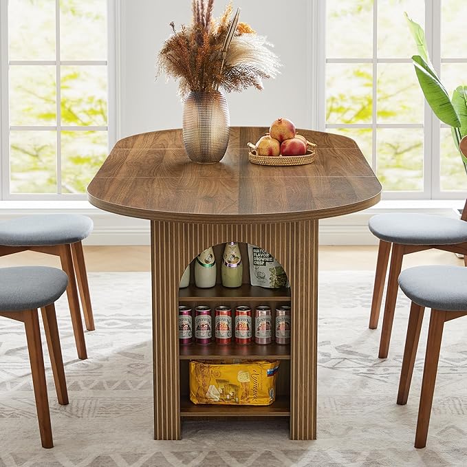 weselon 70.8" Oval Dining Table with Dual Side Storage Shelves, Rustic Farmhouse Table for 4–6 People, Modern Wooden Round Dinner Table for Kitchen, Reception, or Living Room (Walnut, Table Only)