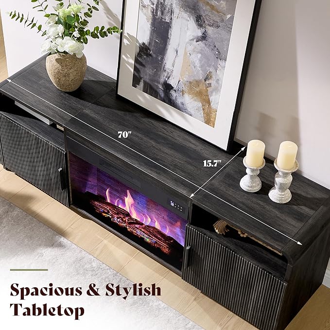 AMERLIFE 70" Fluted Fireplace TV Stand for TVs Up to 80", Modern TV Console with 30" Electric Fireplace & Storage Cabinets, Media Entertainment Center for Living Room, Black
